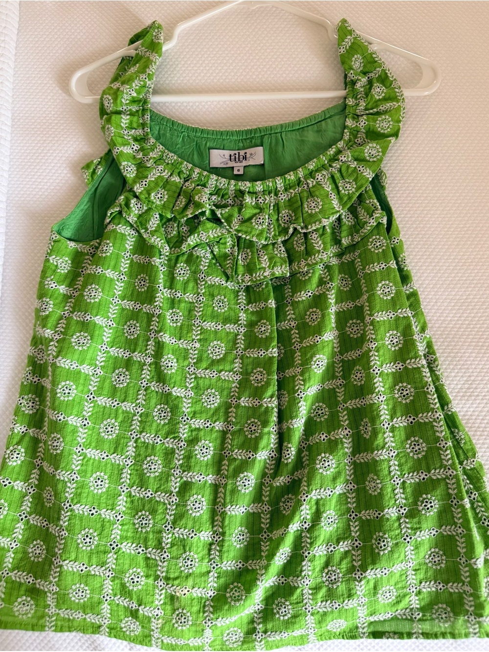 Tibi Bright Green Sleeveless Ruffle Top with embroidery - size 6